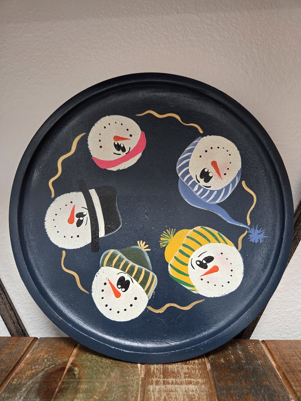 Vintage Handpainted Snowman Christmas Decorative Wood Plate 12in Holiday Platter